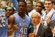 DURHAM, NC - MARCH 03: Harrison Barnes #40 of the North Carolina Tar Heels celebrates with his head coach Roy Williams after a 88-70 victory at Cameron Indoor Stadium on March 3, 2012 in Durham, North Carolina. The North Carolina Tar Heels won the ACC regular season title with their win against the Duke Blue Devils. (Photo by Streeter Lecka/Getty Images)