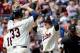 MINNEAPOLIS, MN - AUGUST 28: Justin Morneau #33 of the Minnesota Twins congratulates Luke Hughes #38 on a three-run home run in the seventh inning on August 28, 2011 at Target Field in Minneapolis, Minnesota. The Twins defeated the Tigers 11-4. (Photo by Hannah Foslien/Getty Images)