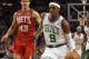 BOSTON, MA - MARCH 02: Rajon Rondo #9 of the Boston Celtics drives to the net as Kris Humphries #43 of the New Jersey Nets defends on March 2, 2012 at TD Garden in Boston, Massachusetts. NOTE TO USER: User expressly acknowledges and agrees that, by downloading and or using this photograph, User is consenting to the terms and conditions of the Getty Images License Agreement. (Photo by Elsa/Getty Images)