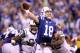 INDIANAPOLIS, IN - JANUARY 08: Quarterback Peyton Manning #18 of the Indianapolis Colts throws a pss under pressure against the New York Jets during their 2011 AFC wild card playoff game at Lucas Oil Stadium on January 8, 2011 in Indianapolis, Indiana. The Jets won 17-16. (Photo by Andy Lyons/Getty Images)