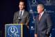 INDIANAPOLIS, IN - MARCH 07: Peyton Manning (L) speaks as Indianapolis Colts owner Jim Irsay listens during a press conference announcing that the Colts will release of Manning at Indiana Farm Bureau Football Center on March 7, 2012 in Indianapolis, Indiana. (Photo by Joey Foley/Getty Images)
