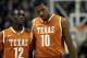 COLUMBIA, MO - JANUARY 14: Myck Kabongo #12 and Jonathan Holmes #10 of the Texas Longhorns walk onto the court after a timeout during the game against the Missouri Tigers on January 14, 2012 at Mizzou Arena in Columbia, Missouri. (Photo by Jamie Squire/Getty Images)