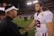 GLENDALE, AZ - JANUARY 02: Andrew Luck (R) #12 of the Stanford Cardinal congratulates head coach Mike Gundy of the Oklahoma State Cowboys after Oklahoma State won 41-38 in overtime during the Tostitos Fiesta Bowl on January 2, 2012 at University of Phoenix Stadium in Glendale, Arizona. (Photo by Doug Pensinger/Getty Images)