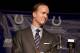 Peyton Manning addresses the press during an emotional press conference following his official release from the Colts.