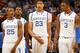 NEW ORLEANS, LA - MARCH 10: Marquis Teague #25, Michael Kidd-Gilchrist #14, Anthony Davis #23 and Terrence Jones #3 of the Kentucky Wildcats react in the first half against the Florida Gators during the semifinals of the SEC Men's Basketball Tournament at New Orleans Arena on March 10, 2012 in New Orleans, Louisiana. (Photo by Chris Graythen/Getty Images)
