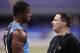 INDIANAPOLIS, IN - FEBRUARY 27: Jacksonville Jaguars defensive line coach Joe Cullen talks with Quinton Coples of North Carolina during the 2012 NFL Combine at Lucas Oil Stadium on February 27, 2012 in Indianapolis, Indiana. (Photo by Joe Robbins/Getty Images)