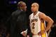LOS ANGELES, CA - MARCH 11: Head coach Mike Brown of the Los Angeles Lakers talks with Derek Fisher #2 during hte game against the Boston Celtics at Staples Center on March 11, 2012 in Los Angeles, California. The Lakers won 97-94. NOTE TO USER: User expressly acknowledges and agrees that, by downloading and or using this photograph, User is consenting to the terms and conditions of the Getty Images License Agreement. (Photo by Stephen Dunn/Getty Images)