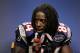 INDIANAPOLIS, IN - FEBRUARY 05: Deion Branch #84 of the New England Patriots speaks to the media after losing to the New York Giants in Super Bowl XLVI at Lucas Oil Stadium on February 5, 2012 in Indianapolis, Indiana. The New York Giants defeated the New England Patriots 21-17. (Photo by Jamie Squire/Getty Images)