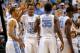 GREENSBORO, NC - MARCH 18: (L-R) Kendall Marshall #5, John Henson #31, Reggie Bullock #35 and Harrison Barnes #40 of the North Carolina Tar Heels celebrate in the second half while taking on the Creighton Bluejays during the third round of the 2012 NCAA Men's Basketball Tournament at Greensboro Coliseum on March 18, 2012 in Greensboro, North Carolina. (Photo by Mike Ehrmann/Getty Images)