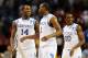 ATLANTA, GA - MARCH 23: Michael Kidd-Gilchrist #14, Darius Miller #1 and Doron Lamb #20 of the Kentucky Wildcats react during their 102 to 90 win over the Indiana Hoosiers during the 2012 NCAA Men's Basketball South Regional Semifinal game at the Georgia Dome on March 23, 2012 in Atlanta, Georgia. (Photo by Streeter Lecka/Getty Images)