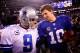 EAST RUTHERFORD, NJ - JANUARY 01: Tony Romo #9 of the Dallas Cowboys and Eli Manning #10 of the New York Giants greet each other after their game at MetLife Stadium on January 1, 2012 in East Rutherford, New Jersey. (Photo by Jeff Zelevansky/Getty Images)