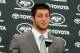 FLORHAM PARK, NJ - MARCH 26: Quarterback Tim Tebow addresses the media as he is introduced as a New York Jet at the Atlantic Health Jets Training Center on March 26, 2012 in Florham Park, New Jersey. Tebow, traded from the Denver Broncos last week, will be the team's backup quarterback according to Jets head coach Rex Ryan. Tebow, the 2007 Heisman Trophy winner, started 11 games in 2011 for Denver and finished with a 7-4 record as a starter. He led the Broncos to a playoff overtime win against the Pittsburgh Steelers in the first round before eventually losing to the New England Patriots in the next round. (Photo by Mike Stobe/Getty Images)