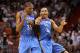 MIAMI, FL - MARCH 16: Kevin Durant #35 and Russell Westbrook #0 of the Oklahoma City Thunder celebrate after a 3 pointer during a game against the Miami Heat at American Airlines Arena on March 16, 2011 in Miami, Florida. NOTE TO USER: User expressly acknowledges and agrees that, by downloading and/or using this Photograph, User is consenting to the terms and conditions of the Getty Images License Agreement. (Photo by Mike Ehrmann/Getty Images)