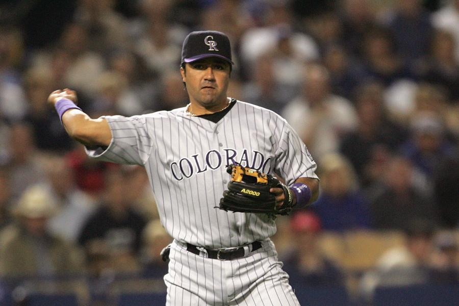 The Colorado Rockies infield (L-R) third baseman Garrett Atkins