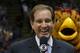 EAST RUTHERFORD, NJ - MARCH 27: CBS broadcasters Jim Nantz and Billy Packer stand in front of the St. Joseph's Hawks mascot and the Oklahoma State Cowboys mascot before the Elite 8 game of the NCAA Division I Men's Basketball Tournament at Continental Airlines Arena on March 27, 2004 in East Rutherford, New Jersey. The Cowboys advanced to the Final 4 winning 64-62. (Photo by Doug Pensinger/Getty Images)
