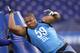 INDIANAPOLIS, IN - FEBRUARY 27: Defensive lineman Jerel Worthy of Michigan State takes part in a drill during the 2012 NFL Combine at Lucas Oil Stadium on February 27, 2012 in Indianapolis, Indiana. (Photo by Joe Robbins/Getty Images)