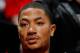 ATLANTA, GA - MARCH 28: Derrick Rose #1 of the Chicago Bulls looks on from the bench against the Atlanta Hawks at Philips Arena on March 28, 2012 in Atlanta, Georgia. NOTE TO USER: User expressly acknowledges and agrees that, by downloading and or using this photograph, User is consenting to the terms and conditions of the Getty Images License Agreement. (Photo by Kevin C. Cox/Getty Images)