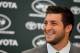 FLORHAM PARK, NJ - MARCH 26: Quarterback Tim Tebow addresses the media as he is introduced as a New York Jet at the Atlantic Health Jets Training Center on March 26, 2012 in Florham Park, New Jersey. Tebow, traded from the Denver Broncos last week, will be the team's backup quarterback according to Jets head coach Rex Ryan. Tebow, the 2007 Heisman Trophy winner, started 11 games in 2011 for Denver and finished with a 7-4 record as a starter. He led the Broncos to a playoff overtime win against the Pittsburgh Steelers in the first round before eventually losing to the New England Patriots in the next round. (Photo by Mike Stobe/Getty Images)