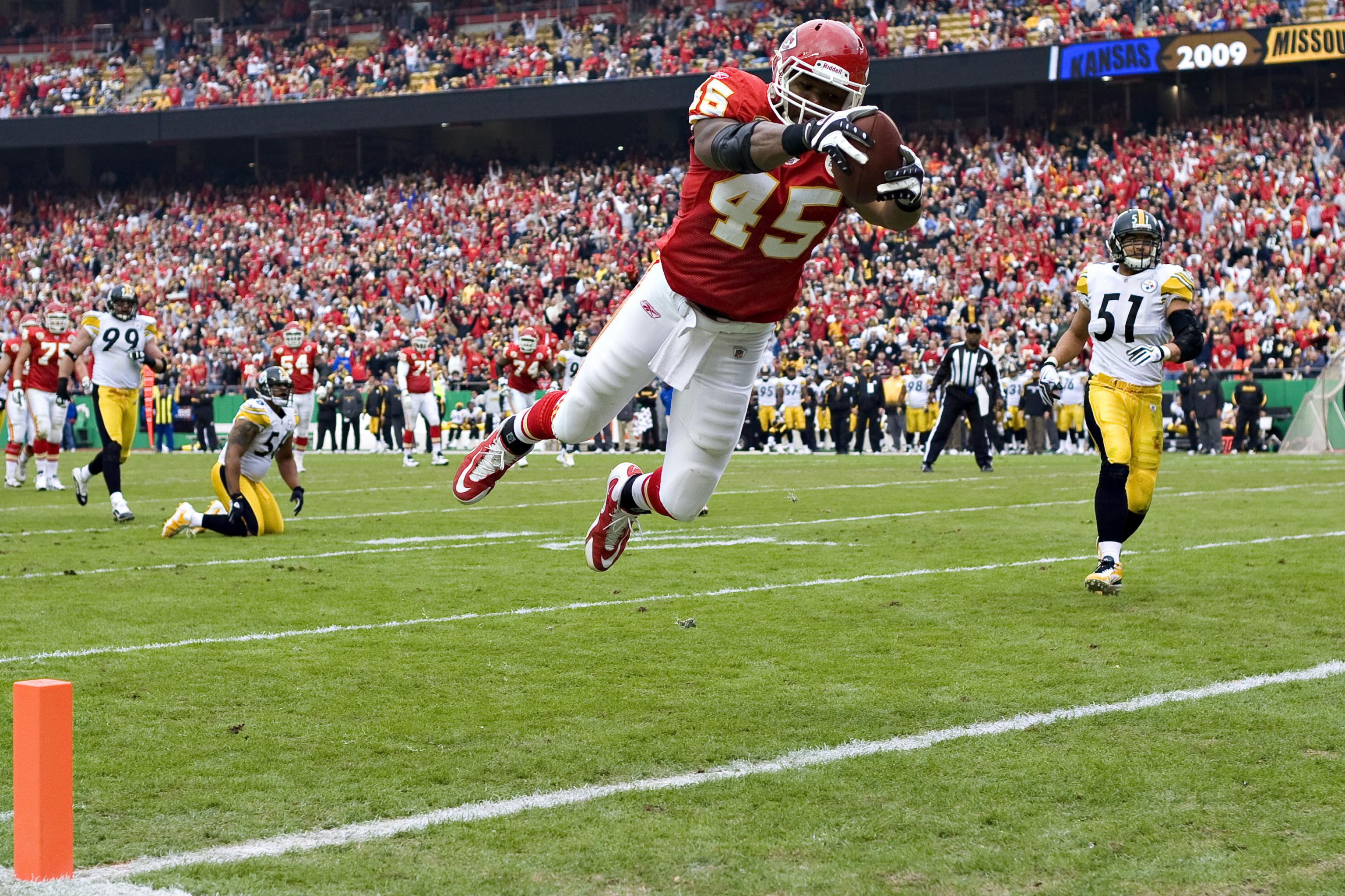 Pittsburgh Steelers' Leonard Pope (45) gets wrapped up by Carolina