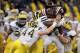 NEW ORLEANS, LA - JANUARY 03: Logan Thomas #3 of the Virginia Tech Hokies is sacked by the Michigan Wolverines defense during the Allstate Sugar Bowl at Mercedes-Benz Superdome on January 3, 2012 in New Orleans, Louisiana. (Photo by Chris Graythen/Getty Images)