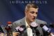 INDIANAPOLIS, IN - FEBRUARY 05: Rob Gronkowski #87 of the New England Patriots speaks to the media after losing to the New York Giants during Super Bowl XLVI at Lucas Oil Stadium on February 5, 2012 in Indianapolis, Indiana. (Photo by Jamie Squire/Getty Images)