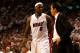 MIAMI, FL - MAY 24: LeBron James #6 and head coach Erik Spoelstra of the Miami Heat talk against the Chicago Bulls in Game Four of the Eastern Conference Finals during the 2011 NBA Playoffs on May 24, 2011 at American Airlines Arena in Miami, Florida. The Heat won 101-93 in overtime. NOTE TO USER: User expressly acknowledges and agrees that, by downloading and or using this photograph, User is consenting to the terms and conditions of the Getty Images License Agreement. (Photo by Marc Serota/Getty Images)