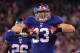 EAST RUTHERFORD, NJ - DECEMBER 04: Chase Blackburn of the New York Giants celebrates after he caught an interception in the second quarter against the Green Bay Packers at MetLife Stadium on December 4, 2011 in East Rutherford, New Jersey. (Photo by Nick Laham/Getty Images)