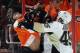 PHILADELPHIA, PA - APRIL 15: Arron Asham #45 of the Pittsburgh Penguins gets a match penalty for high sticking Brayden Schenn #10 of the Philadelphia Flyers in Game Three of the Eastern Conference Quarterfinals during the 2012 NHL Stanley Cup Playoffs at Wells Fargo Center on April 15, 2012 in Philadelphia, Pennsylvania. (Photo by Bruce Bennett/Getty Images)