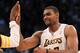 LOS ANGELES, CA - MARCH 11: Andrew Bynum #17 of the Los Angeles Lakers celebrates after the game with the Boston Celtics at Staples Center on March 11, 2012 in Los Angeles, California. The Lakers won 97-94. NOTE TO USER: User expressly acknowledges and agrees that, by downloading and or using this photograph, User is consenting to the terms and conditions of the Getty Images License Agreement. (Photo by Stephen Dunn/Getty Images)