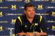 ANN ARBOR, MI - SEPTEMBER 03: Head coach Brady Hoke of the Michigan Wolverines talks at a press conference after a weather shortened game between the Wolverines and the Western Michigan Broncos at Michigan Stadium on September 3, 2010 in Ann Arbor, Michigan. Michigan won the game 34-10. (Photo by Gregory Shamus/Getty Images)