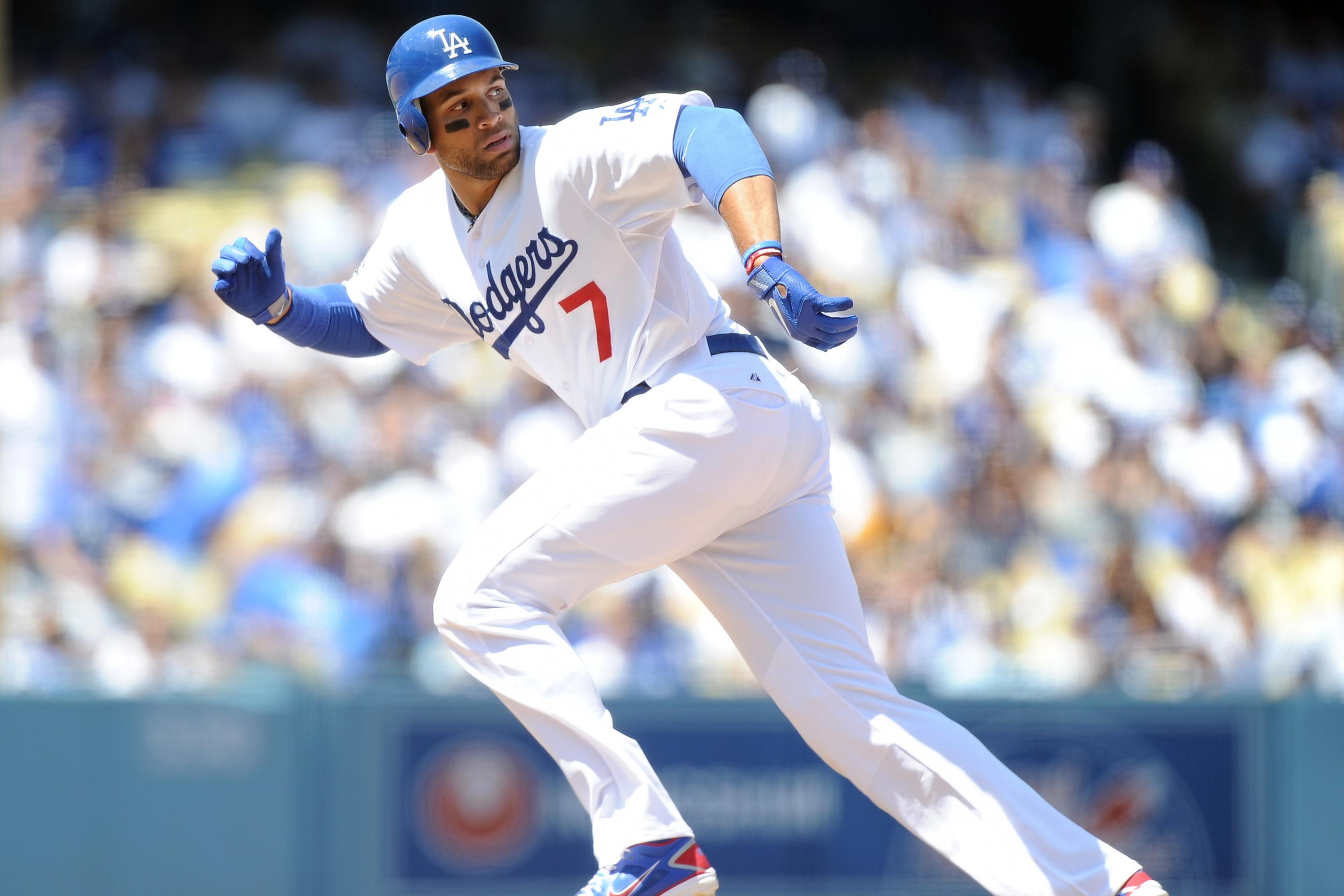 Dodgers first baseman James Loney on the bag against the Padres