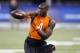 INDIANAPOLIS, IN - FEBRUARY 26: Wide receiver Justin Blackmon of Oklahoma State catches a pass during the 2012 NFL Combine at Lucas Oil Stadium on February 26, 2012 in Indianapolis, Indiana. (Photo by Joe Robbins/Getty Images)