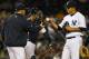 NEW YORK, NY - APRIL 18: Hiroki Kuroda #18 of the New York Yankees is pulled from the game in the fifth inning by Manager Joe Girardi during their game against the Minnesota Twins on April 18, 2012 at Yankee Stadium in the Bronx borough of New York City. (Photo by Al Bello/Getty Images)