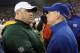 GREEN BAY, WI - JANUARY 15: (L-R) Head coach Mike McCarthy of the Green Bay Packers talks with head coach Tom Coughlin of the New York Giants after their NFC Divisional playoff game at Lambeau Field on January 15, 2012 in Green Bay, Wisconsin. (Photo by Jamie Squire/Getty Images)