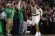 BOSTON, MA - APRIL 17: Ray Allen #20 of the Boston Celtics celebrates his game winning basket in the final seconds of the game against the New York Knicks in Game One of the Eastern Conference Quarterfinals in the 2011 NBA Playoffs on April 17, 2011 at the TD Garden in Boston, Massachusetts. The Boston Celtics defeated the New York Knicks 87-85. NOTE TO USER: User expressly acknowledges and agrees that, by downloading and or using this photograph, User is consenting to the terms and conditions of the Getty Images License Agreement. (Photo by Elsa/Getty Images)