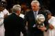 LOS ANGELES, CA - MAY 29: (L-R) NBA legend Jerry West shakes hands with Los Angeles Lakers general manager Mitch Kupchak after defeating the Lakers defeated the San Antonio Spurs 100-92 in Game Five of the Western Conference Finals during the 2008 NBA Playoffs on May 29, 2008 at Staples Center in Los Angeles, California. NOTE TO USER: User expressly acknowledges and agrees that, by downloading and/or using this Photograph, user is consenting to the terms and conditions of the Getty Images License Agreement. (Photo by Jeff Gross/Getty Images)