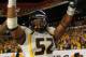 MIAMI GARDENS, FL - JANUARY 04: Najee Goode #52 of the West Virginia Mountaineers celebrates after they won 70-33 against the Clemson Tigers during the Discover Orange Bowl at Sun Life Stadium on January 4, 2012 in Miami Gardens, Florida. (Photo by Streeter Lecka/Getty Images)