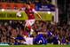 LIVERPOOL, ENGLAND - MARCH 21: Arsenal player Aaron Ramsey skips through the Everton defence during the Barclays Premier League match between Everton v Arsenal at Goodison Park on March 21, 2012 in Liverpool, England. (Photo by Stu Forster/Getty Images)