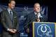 INDIANAPOLIS, IN - MARCH 07: Peyton Manning (L) listens as Indianapolis Colts owner Jim Irsay speaks during a press conference announcing that the Colts will release of Manning at Indiana Farm Bureau Football Center on March 7, 2012 in Indianapolis, Indiana. (Photo by Joey Foley/Getty Images)
