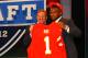 NEW YORK, NY - APRIL 26: Dontari Poe of Memphis holds up a jersey as he stands on stage with NFL Commissioner Roger Goodell after he was selected #11 overall by the Kansas City Chiefs in the first round of the 2012 NFL Draft at Radio City Music Hall on April 26, 2012 in New York City. (Photo by Al Bello/Getty Images)