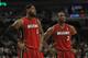 CHICAGO, IL - APRIL 12: Dwyane Wade #3 and LeBron James #6 of the Miami Heat wait as a member of the Chicago Bulls shoots a free-throw at the United Center on April 12, 2012 in Chicago, Illinois. The Bulls defeated the Heat 96-86 in overtime. NOTE TO USER: User expressly acknowledges and agrees that, by downloading and or using this photograph, User is consenting to the terms and conditions of the Getty Images License Agreement. (Photo by Jonathan Daniel/Getty Images)