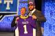 NEW YORK, NY - APRIL 26: Matt Kalil (R) from USC holds up a jersey as he stands on stage with NFL Commissioner Roger Goodell after he was selected #4 overall by the Minnesota Vikings in the first round of the 2012 NFL Draft at Radio City Music Hall on April 26, 2012 in New York City. (Photo by Al Bello/Getty Images)