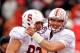 CORVALLIS, OR - NOVEMBER 05: Quarterback Andrew Luck #12 and tight end Coby Fleener #82 of the Stanford Cardinal celebrate a touchdown in the third quarter during the game against the Oregon State Beavers on November 5, 2011 at Reser Stadium in Corvallis, Oregon. Stanford won the game 38-13. (Photo by Craig Mitchelldyer/Getty Images)