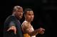 LOS ANGELES, CA - APRIL 22: Ramon Sessions #7 and head coach Mike Brown of the Los Angeles Lakers consult during the game with the Oklahoma City Thunder at Staples Center on April 22, 2012 in Los Angeles, California. The Lakers won 114-106 in double overtime. NOTE TO USER: User expressly acknowledges and agrees that, by downloading and or using this photograph, User is consenting to the terms and conditions of the Getty Images License Agreement. (Photo by Stephen Dunn/Getty Images)