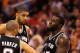 PHOENIX, AZ - MARCH 27: Tim Duncan #21, DeJuan Blair #45 and Tony Parker #9 of the San Antonio Spurs talk during the NBA game against the Phoenix Suns at US Airways Center on March 27, 2012 in Phoenix, Arizona. The Spurs defeated the Suns 107-100. NOTE TO USER: User expressly acknowledges and agrees that, by downloading and or using this photograph, User is consenting to the terms and conditions of the Getty Images License Agreement. (Photo by Christian Petersen/Getty Images)
