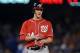 LOS ANGELES, CA - APRIL 28: Bryce Harper #34 of the Washington Nationals reacts after a double in his major league debut against the Los Angeles Dodgers during the seventh inning at Dodger Stadium on April 28, 2012 in Los Angeles, California. (Photo by Harry How/Getty Images)