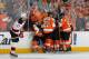 PHILADELPHIA, PA - APRIL 29: Danny Briere #48 of the Philadelphia Flyers celebrates his second period goal with teammates as Ilya Kovalchuk #17 of the New Jersey Devils looks on in Game One of the Eastern Conference Semifinals during the 2012 NHL Stanley Cup Playoffs at the Wells Fargo Center on April 29, 2012 in Philadelphia, Pennsylvania. (Photo by Jim McIsaac/Getty Images)