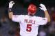 ANAHEIM, CA - APRIL 30: Albert Pujols #5 of the Los Angeles Angels of Anaheim looks skyward after hitting a double against the Minnesota Twins in the first inning at Angel Stadium of Anaheim on April 30, 2012 in Anaheim, California. The Angels defeated the Twins 4-3. (Photo by Jeff Gross/Getty Images)
