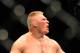 LAS VEGAS - JULY 11: Brock Lesnar reacts after knocking out Frank Mir during their heavyweight title bout during UFC 100 on July 11, 2009 in Las Vegas, Nevada. (Photo by Jon Kopaloff/Getty Images)