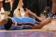 LOS ANGELES, CA - APRIL 22: James Harden #13 of the Oklahoma City Thunder lies on the floor after being elbowed by Metta World Peace #15 of the Los Angeles Lakers at Staples Center on April 22, 2012 in Los Angeles, California. NOTE TO USER: User expressly acknowledges and agrees that, by downloading and or using this photograph, User is consenting to the terms and conditions of the Getty Images License Agreement. (Photo by Stephen Dunn/Getty Images)